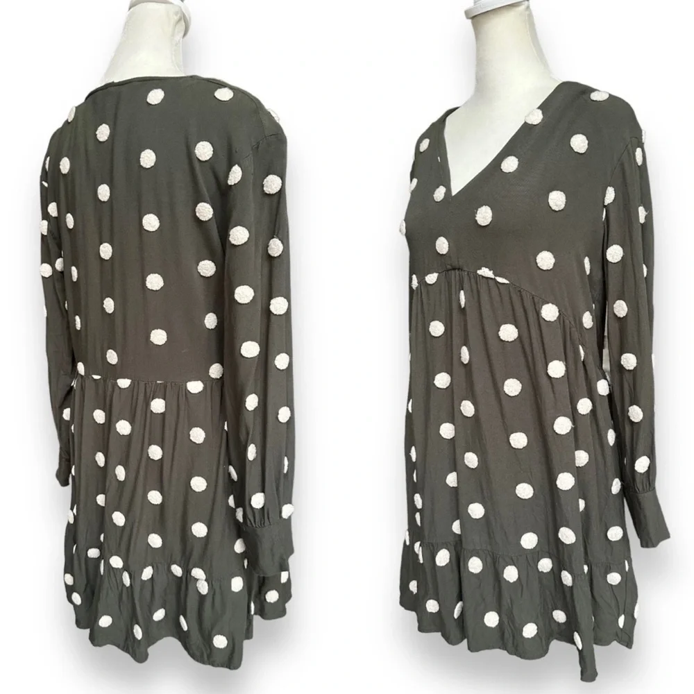 Zara Khaki Green Embroidered Polka Dot Long Sleeve Baby-Doll Dress | Medium - Picture 7 of 14